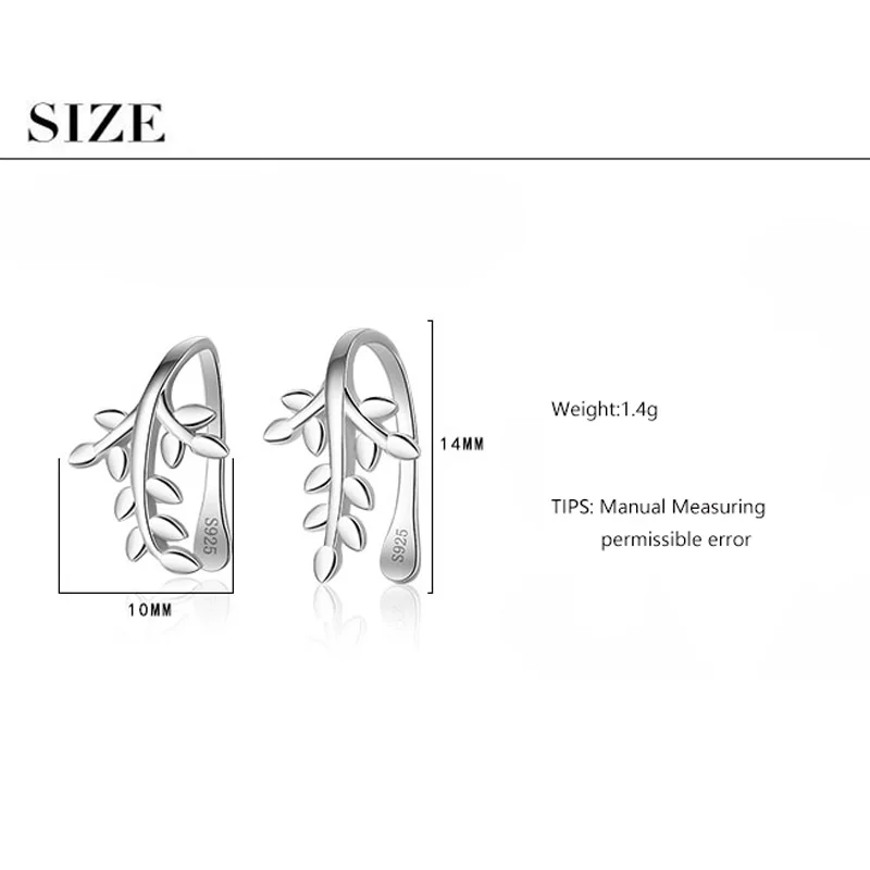 Anenjery простые 925 пробы серебряные серьги-клипсы в виде листьев для женщин brincos oorbellen S-E806