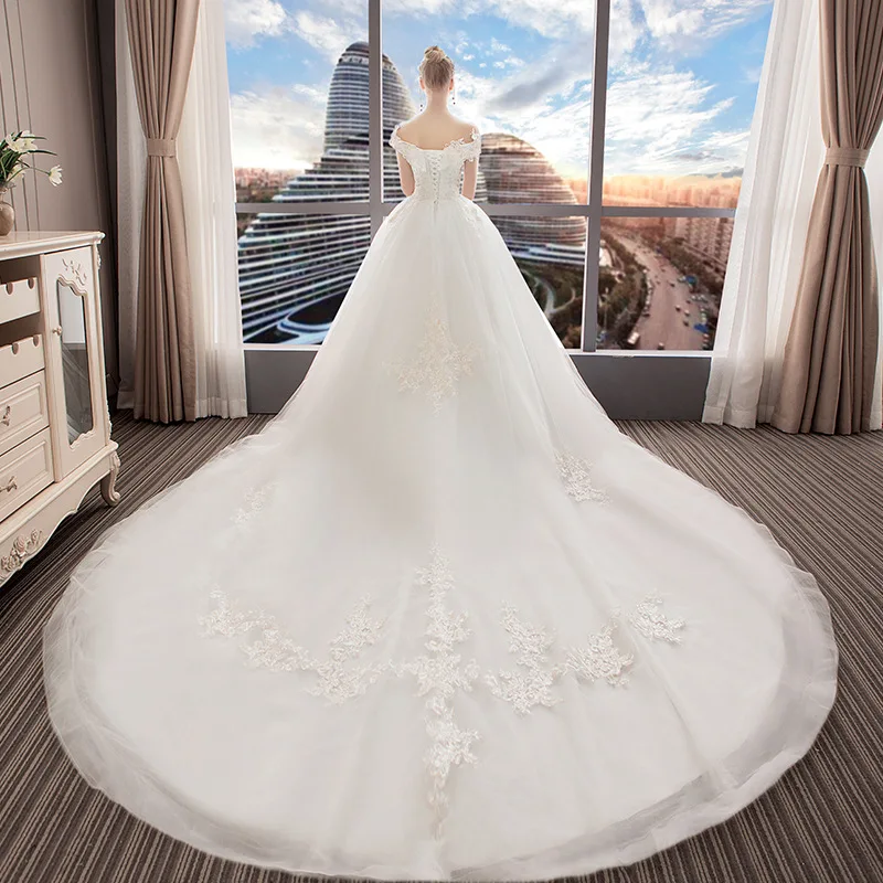Новинка, Vestidos De Noiva, белое свадебное платье с длинным шлейфом, элегантное кружевное свадебное платье с аппликацией, бальное платье в стиле принцессы