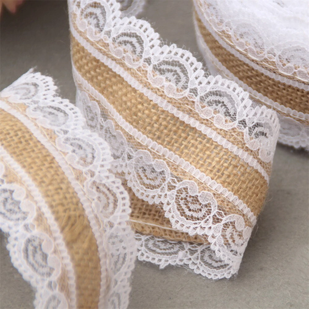 Natural Jute Burlap Hessian Lace Ribbon Roll + White Lace Vintage