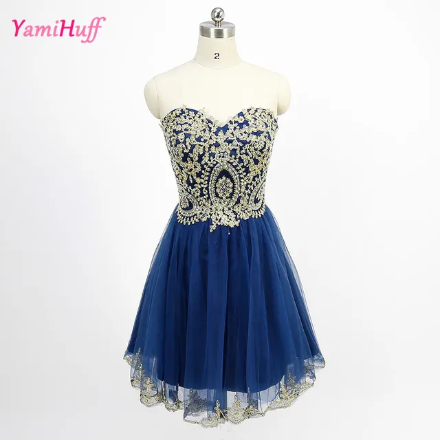 Navy Blue Short Cocktail Dress Gold Lace Strapless Tulle Couture Formal