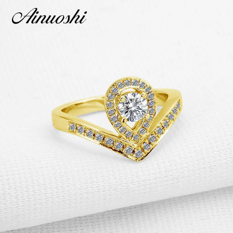 

AINUOSHI 14K Gold Water Drop Halo Ring for Women Wedding Engagement Round Cut SONA Simulated Diamond 14K Yellow Gold Halo Ring