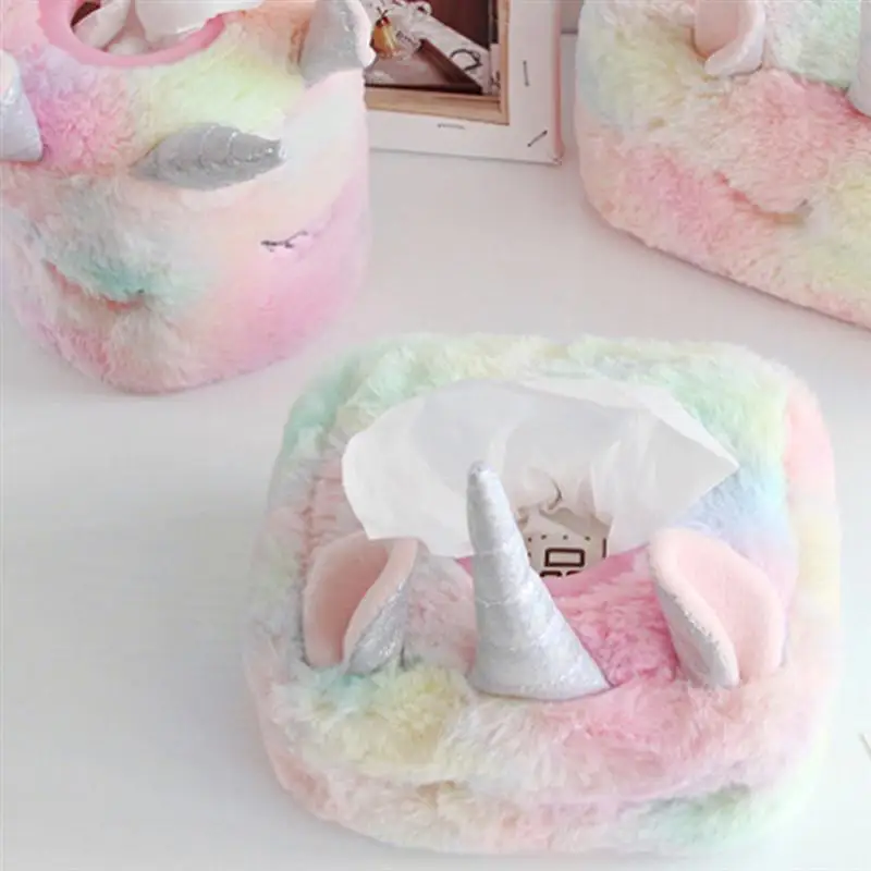 1 Pc Cute Unicorn Tissue Box Plush Tissue Storage Holder Funny Tissue Box For Home Bedroom Restaurant (Small Square Pattern)