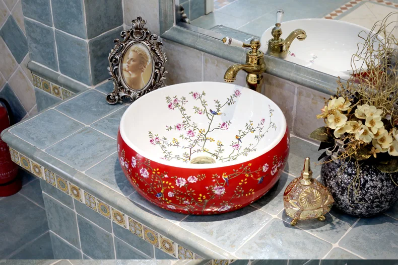 Flowers and birds Europe Vintage Style Countertop Basin Sink Handmade Ceramic Bathroom Vessel Sinks Vanities ceramic wash sinks  (4)
