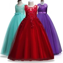 Кружевные платья для девочек от 4 до 14 лет одежда на год длинное платье принцессы без рукавов на день рождения, свадьбу, вечеринку Рождественский Костюм