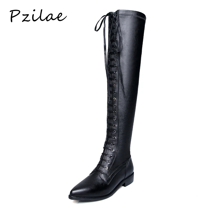 

Pzilae ladies cross-tied lace-up leather long boots stretch over the knee boots flats fashion pointed toe motorcycle boots 34-42