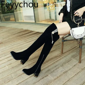 

Women Boots Autumn Winter Warm High-heeled Over The Knee Round Toe Zip 2018 Sexy New Fashion Flock Martin Boots Black Size 34-43