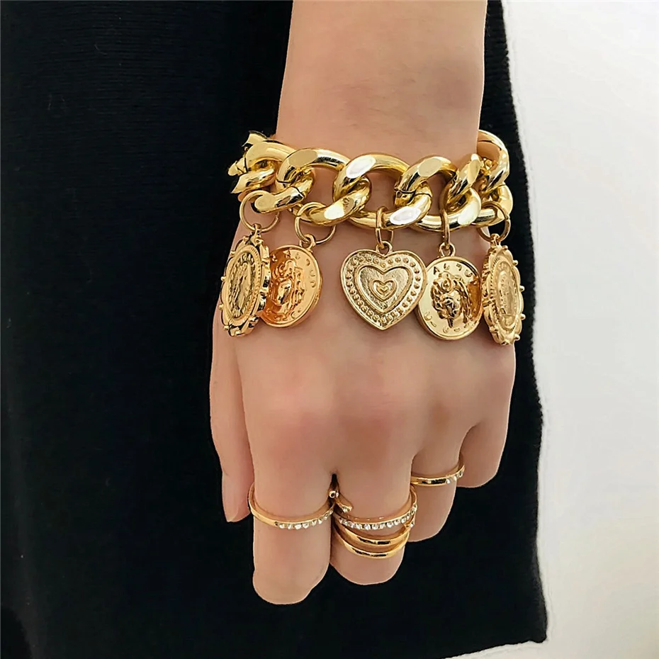 

Punk Carved Coin Heart Bracelet Bangle Bohemian Circle Queen Golden Thick Chain Tassel Pendant Vintage Bracelet Women Jewelry