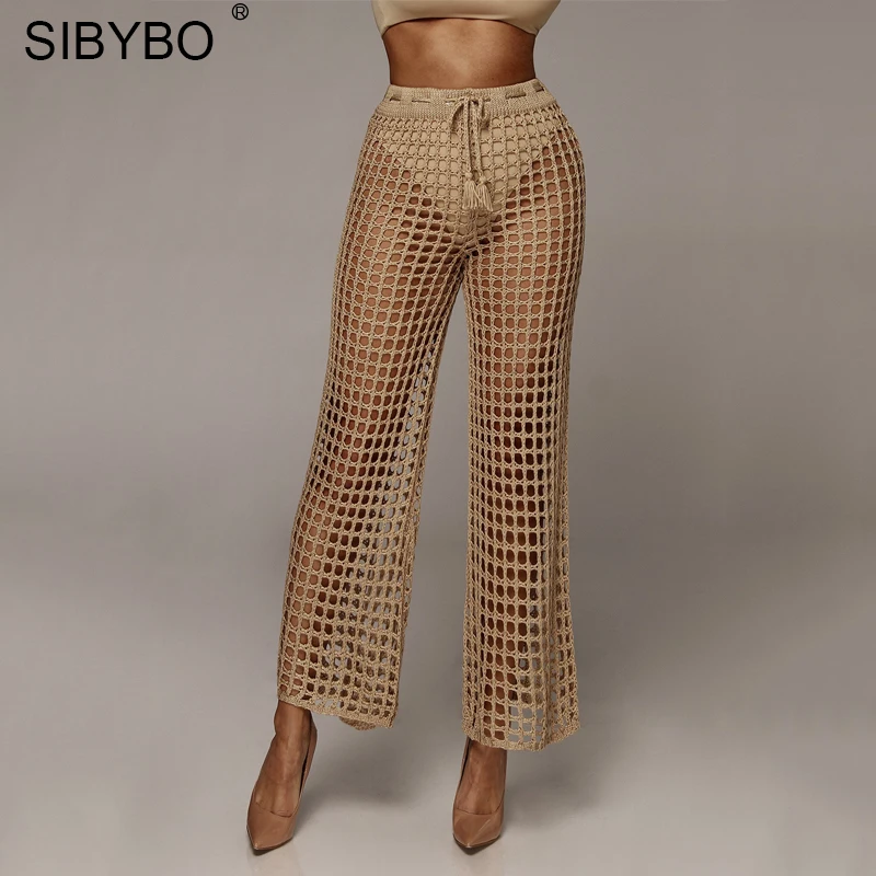 Sibybo женские белые брюки связанные крючком кружевные открытые с высокой талией сексуальные кружевные пляжные свободные мягкие широкие женские брюки