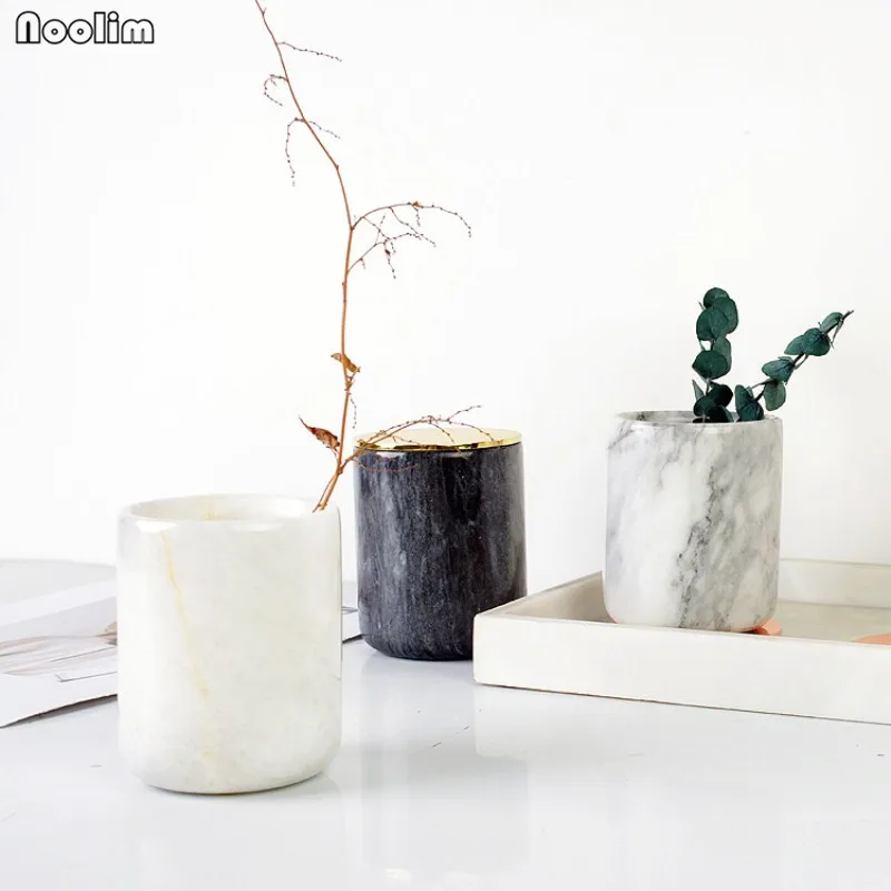 

NOOLIM Nordic Marble Candle Holder with Rose Gold Cover Brass Gold Pen Holder Marble Storage Cup Jewelry Storage Holder