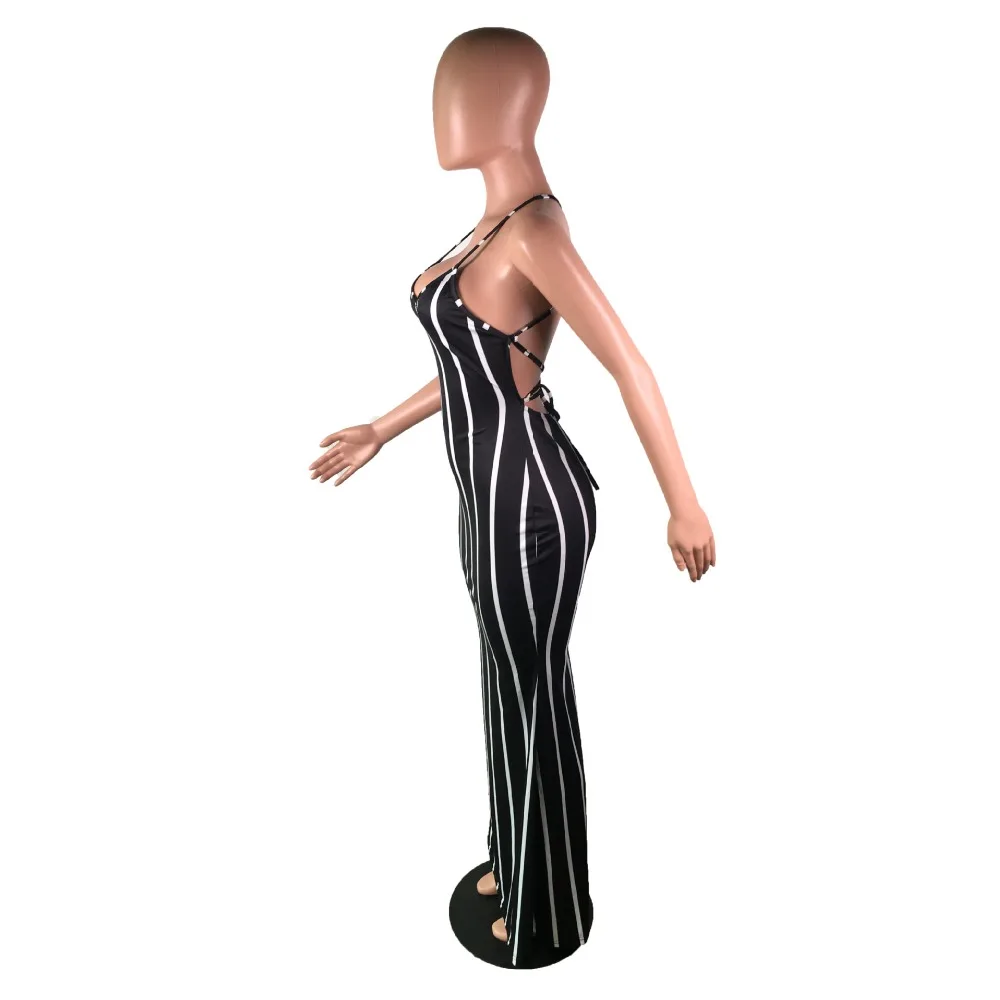 Женское летнее сексуальное обтягивающее Бандажное платье в полоску со шнуровкой сзади, с бретелькой на шее, макси без рукавов, vestidos YZ1058