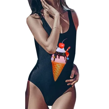 

Women's Ice Cream Print Jumpsuit one-piece off-shoulder Swimsuit Push-Up Padded Swimwear Bathing underwear 40ja30