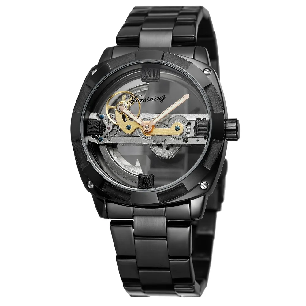 

New Arrival Black Case Double Side Transparent Steampunk Design Automatic Self Wind Watch for Men Sport Watch Stainless Steel