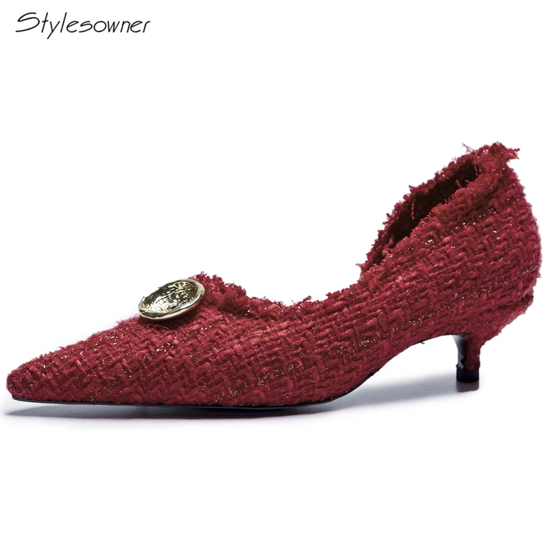 

Stylesowner Women Checkered Color Heel Pumps Costume Tweed Pointed Toe Shoes Women Shallow Thin Heels Metal Big Button Shoes2018