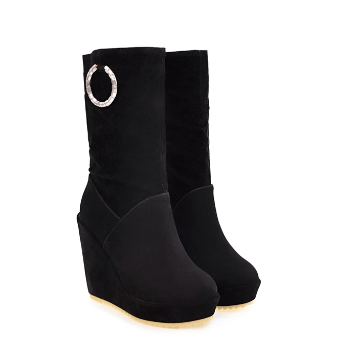 Meotina/Женская обувь, ботинки Для женщин Платформа, высокий каблук зимние сапоги со складками до середины икры сапоги на танкетке Дамская обувь с круглым носком коричневый, черный - Цвет: Черный