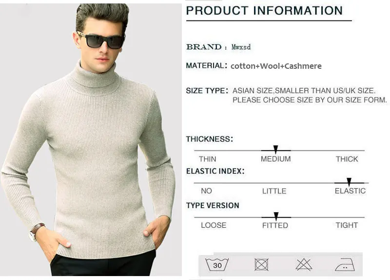 Mwxsd новая весна Для мужчин s Модный пуловер свитер Для мужчин вязаный кашемировый свитер Высокий воротник шерстяной свитер Мужской