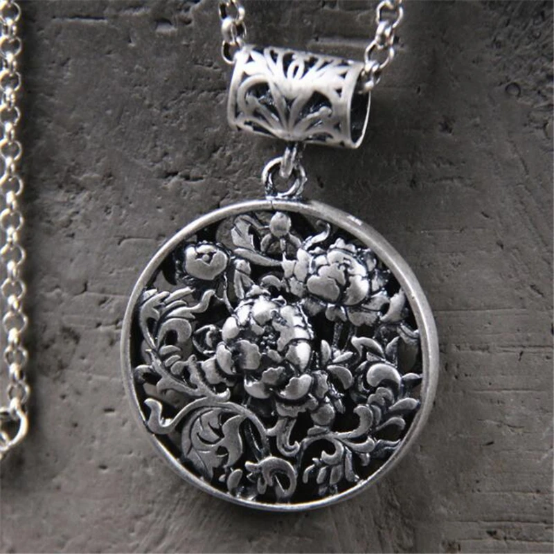 

Carving Peony Flower Necklace Pendant 999 Sterling Silver Fashion Necklace Pendants For Women Jewelry 36.5*53MM 20.6G