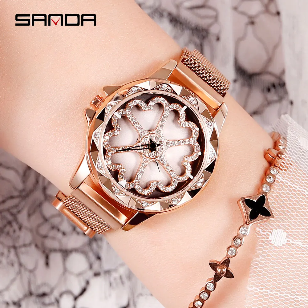 SANDA креативный дизайн магнитные часы с пряжкой женские часы 360 Вращение женские часы со стразами стальные сетчатые часы с ремешком-браслетом