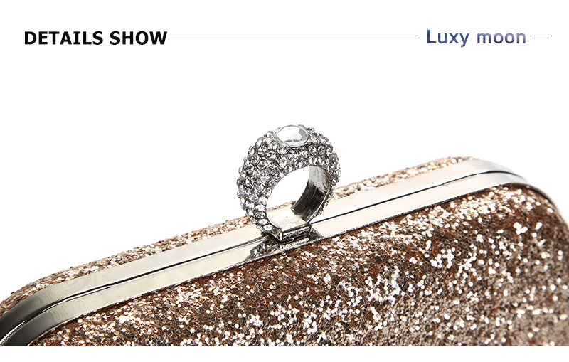 Detailansicht der Luxy Moon Champagner-Pailletten-Clutch oben