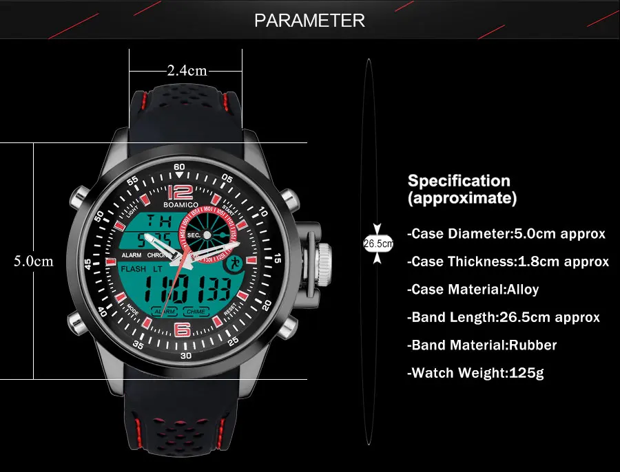 Мужские спортивные часы, Двойные цифровые часы, резиновые аналоговые кварцевые часы BOAMIGO, брендовые красные наручные часы с хронографом, reloj hombre