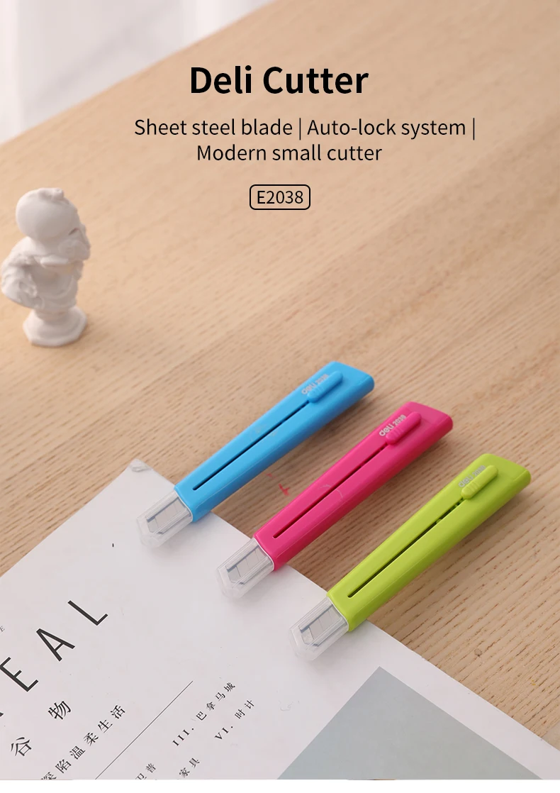 DELI E2038 Cutter Auto Lock Cutter Wood Box Paper Cutter Metal Stationery Utility Craft Knife Cutter Cutting Knife