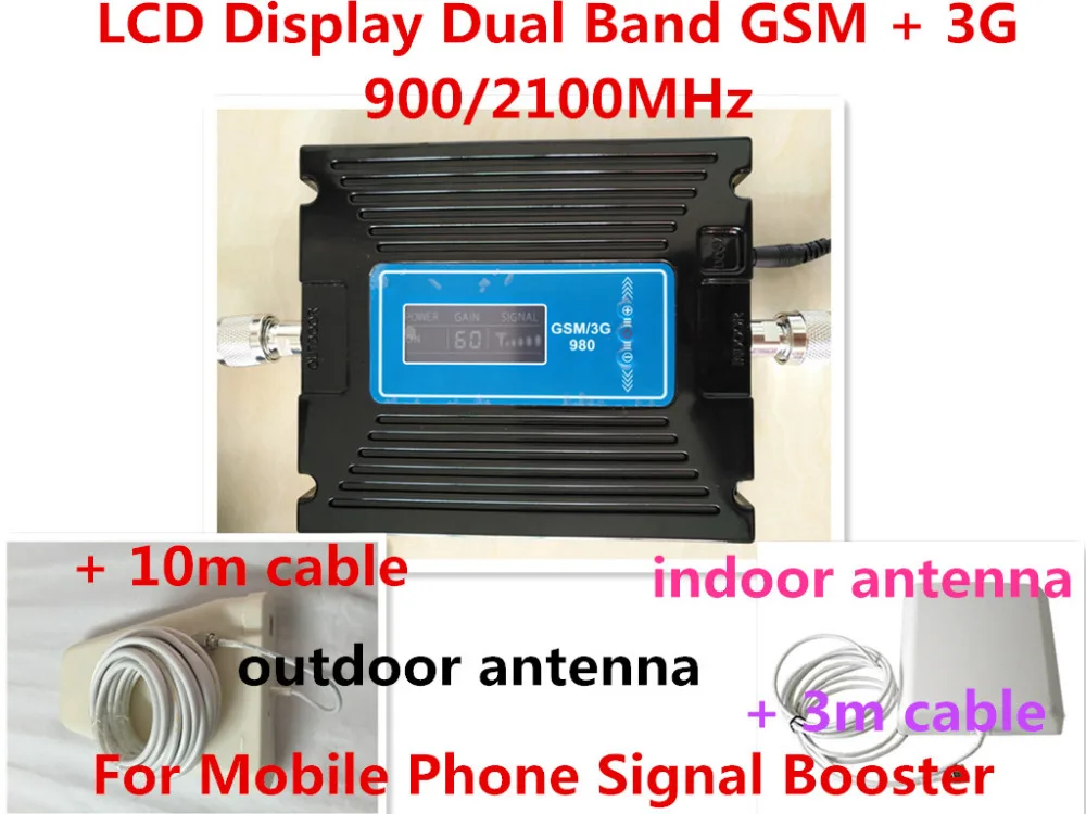 

New 60dbi gain adjustable GSM 900Mhz Booster+3G WCDMA 2100Mhz Repeater dual band mobile signal booster kits w/ cable & antennas