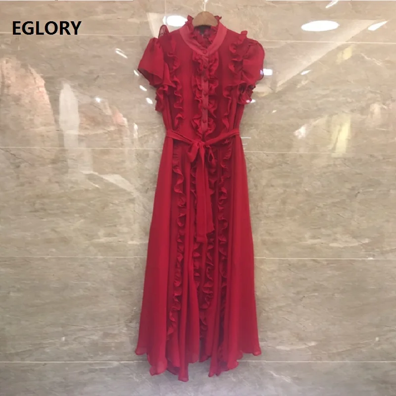 Women's Clothing Dresses 2019 Summer Silk Dress High Quality Ladies Ruffle Patchwork Tunic Button Mid-Calf Rose Red Yellow Dress