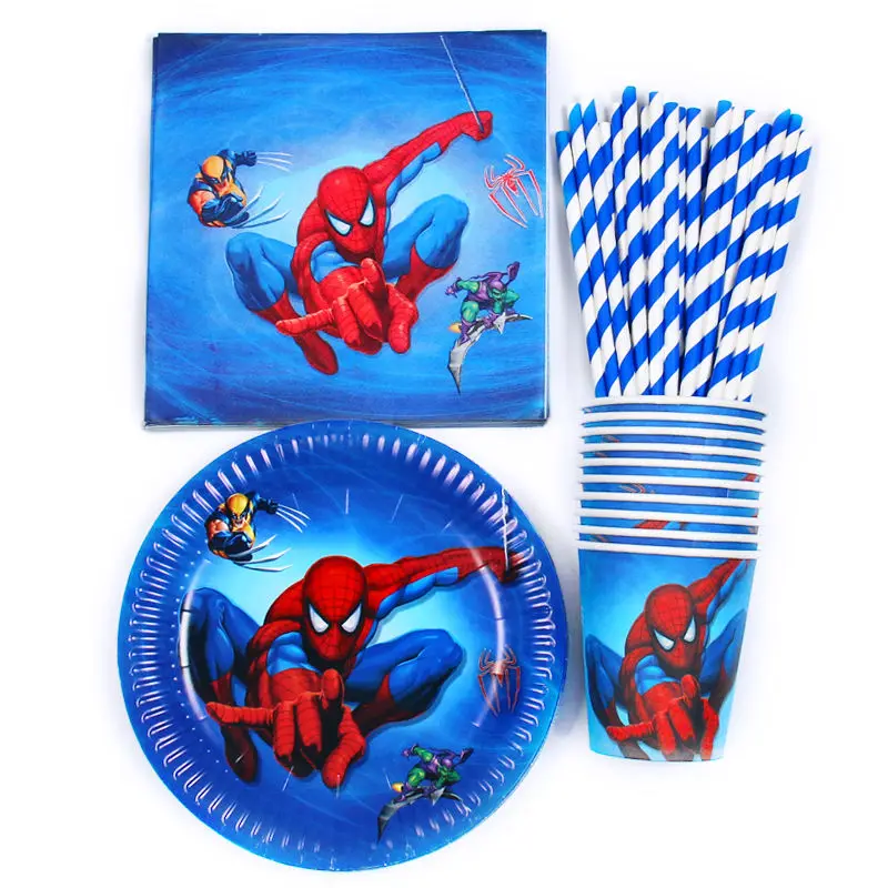 85 шт. День Рождения украшения Мстители/Капитан Америка/Железный человек тематические бумажные тарелки и стаканы Детские душевые салфетки Дети сувениры соломы - Цвет: Spiderman