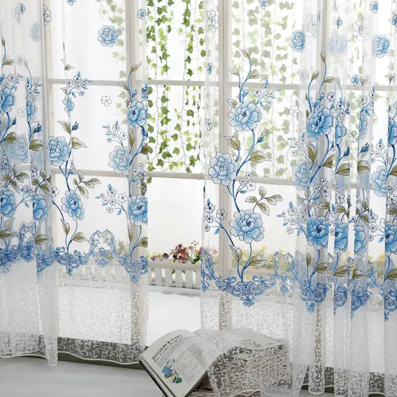 Flower Print Window Curtain Divider Tulle Voile Drape Panel Sheer Scarf Valances