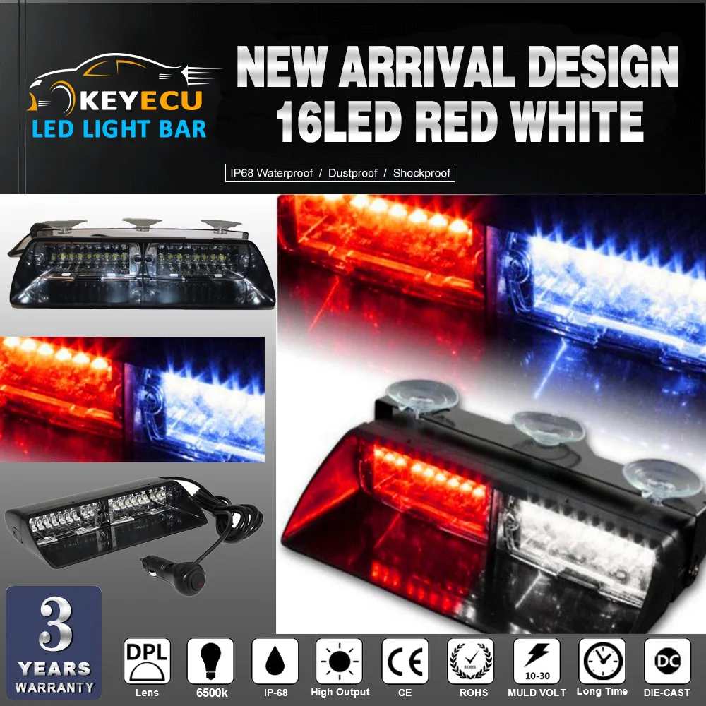 

KEYECU 16 LED Bright red+white 16W Windshield Emergency Flash Strobe Light Interior Dash for Windshield COULD Adjustable angle