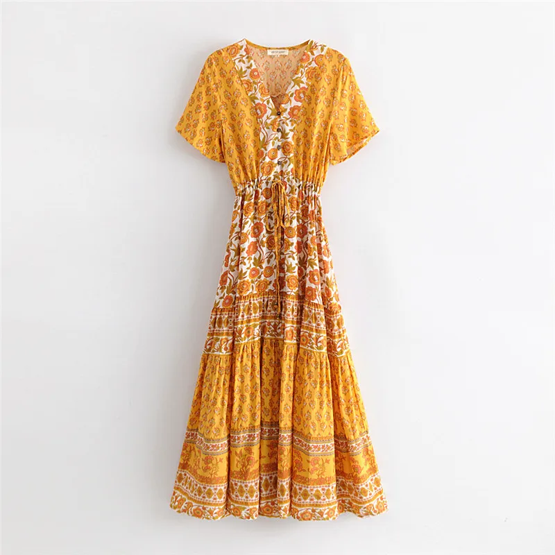 

2019 Summer Bohemian Maxi Dress Slim Drawstring Sundress Floral Print Robe Female Summer Beach Party Dresses