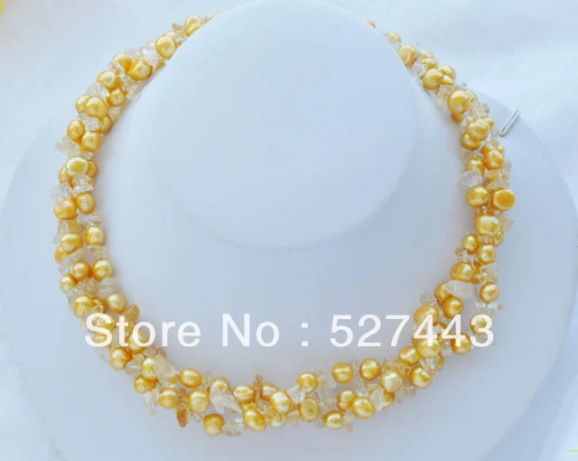 

Wholesale free shipping >>P3911 3row 17" 8mm baroque yellow freshwater pearl citrine necklace