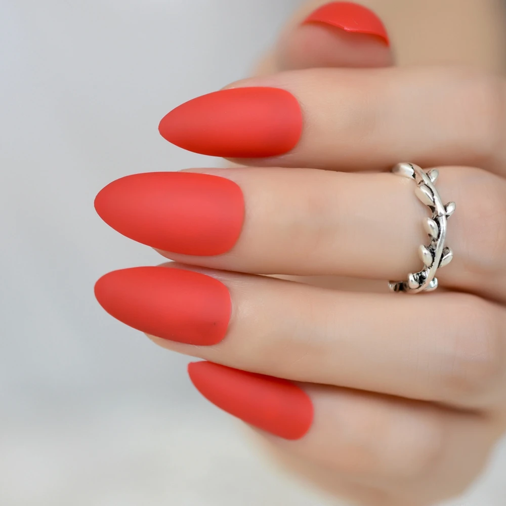 

2018 New Matte Red Stiletto Fake Nails Almond Pointed Press on Oval False Nail Full Cover Artificial Nep Nagels