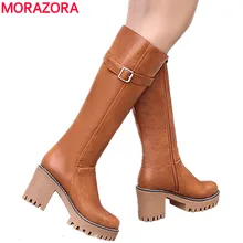 MORAZORA/ г. Новые женские сапоги в стиле ретро сапоги до колена на шнуровке с Пряжкой Зимние сапоги на платформе с круглым носком Дамская обувь размер 43