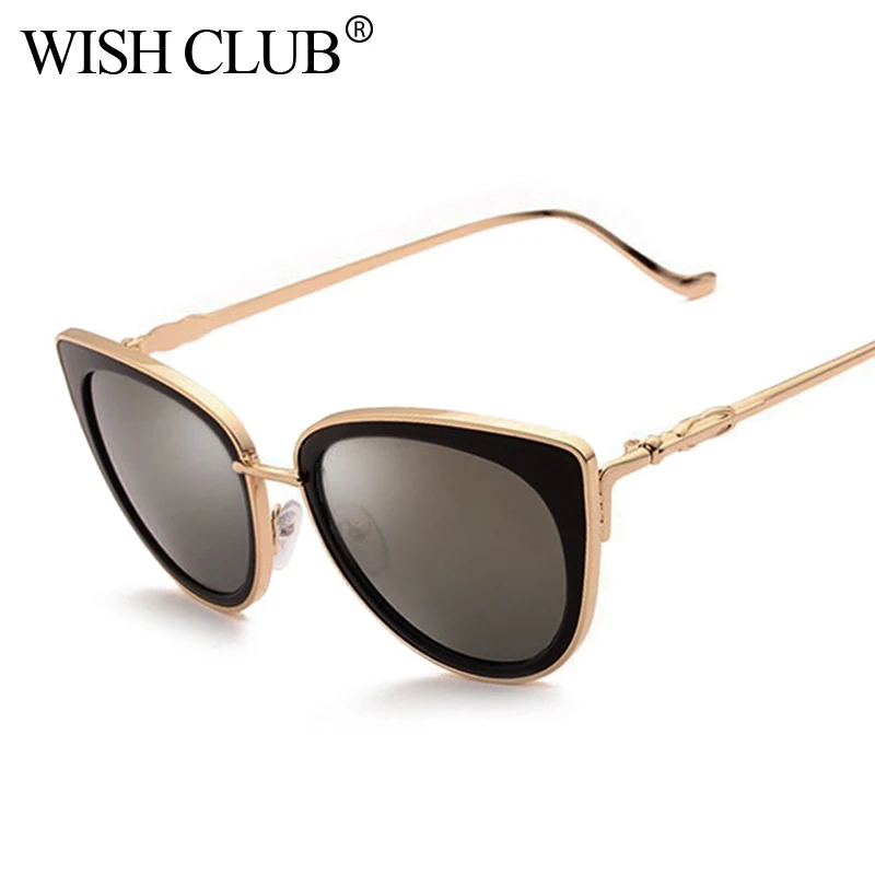 WISH CLUB 2018 New Fashion Brand Designer Sunglasses Women Mirror Sun Glasses Metal Retro Female Cat Eye Ladies Vintage Eyewear