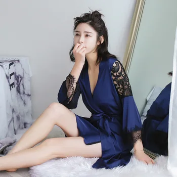 

Loose Silk Lingerie Set with Robe for Women Solid Robe and Spaghetti Strap Nighties Dress Full Sleeve Underwear
