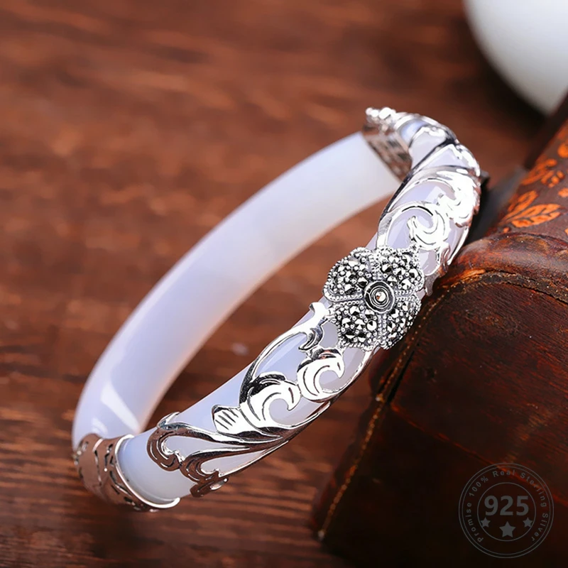 

LouLeur 925 Sterling Silver Jade Bangles White Handmade Natural Jade Bangles Fashion Jewelry Women Flower Bracelet Thai Silver