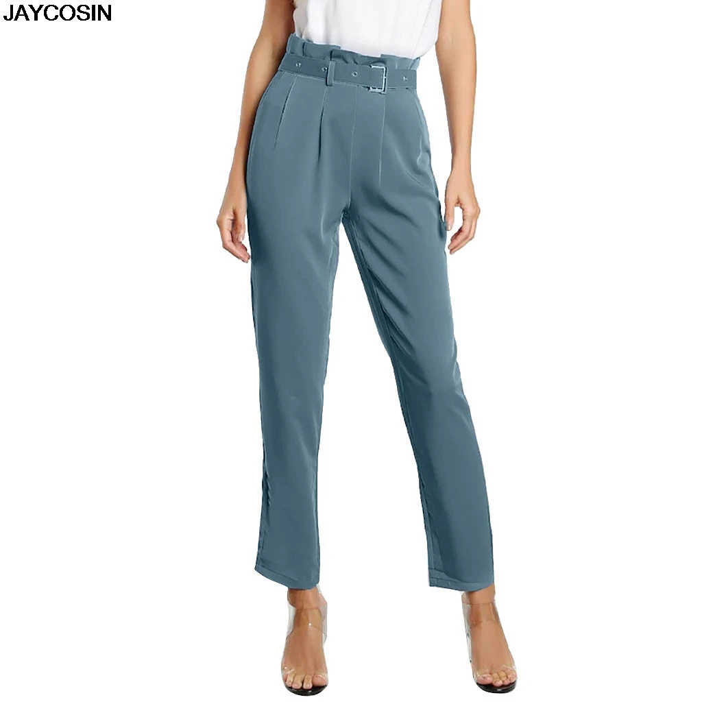 

JAYCOSIN pants Trendy Women High Waist Pure Color Belt Fold Wide Leg Trousers Casual Pants Calf-length Trouser clothes Slim 9508