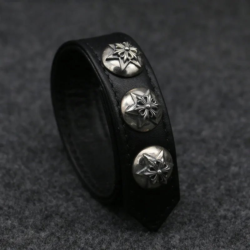 

Starfield Male Female Punk Style CH S925 Sterling Silver Engraved Cross Leather Jewelry Japan Six-pointed Star Bangle
