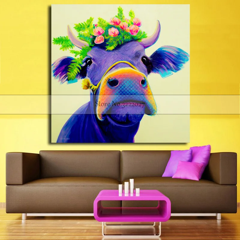 Free-Shipping-Skills-Artist-printed-High-Quality-Abstract-Animal-blue-Cow-Oil-Painting-Art-Painting-For (2)