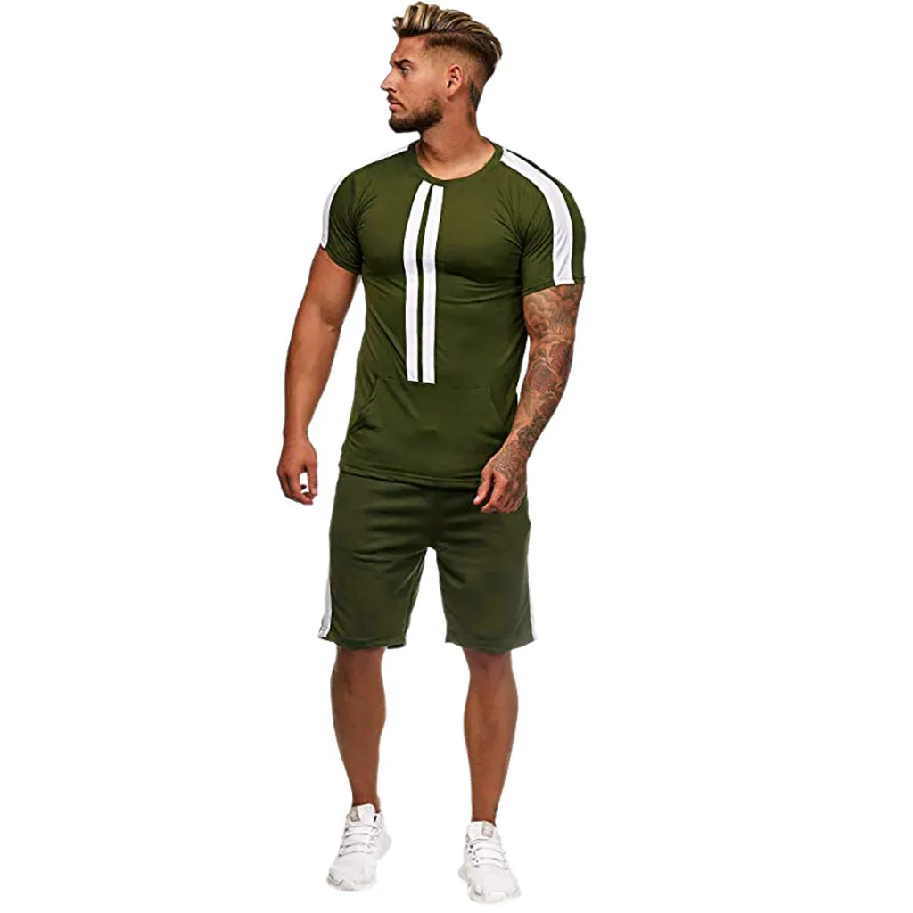 Popular Casual Men's Set Stripe Stitching Set Summer Short Sleeve Sports Set Round Collar Polyester Men's Set 4