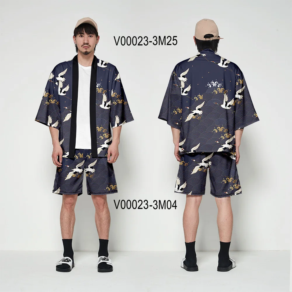 Японское кимоно кардиган для мужчин Haori Yukata мужской костюм самурая одежда кимоно куртка Мужская s кимоно рубашка блузка Одежда Obi - Цвет: set 02