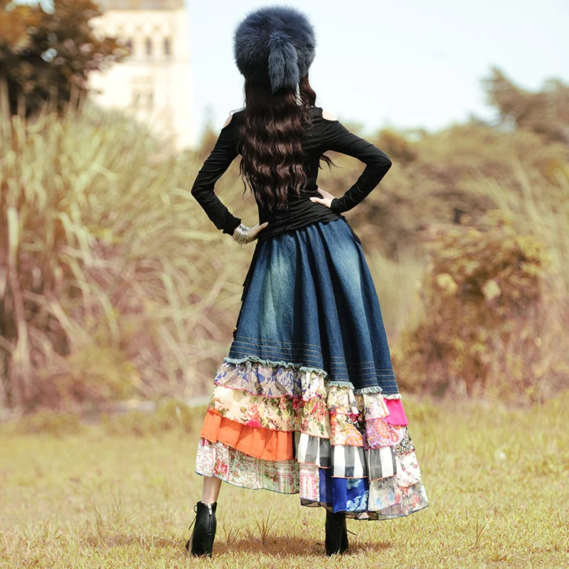 2017 Осенняя Женская винтажная богемная джинсовая шифоновая Лоскутная юбка макси