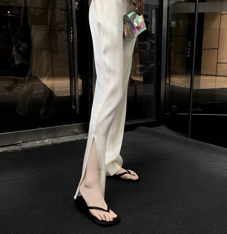 Woherb женские эластичные длинные брюки с высокой талией 2019 корейские сексуальные широкие брюки с разрезом по бокам летние тонкие шелковые
