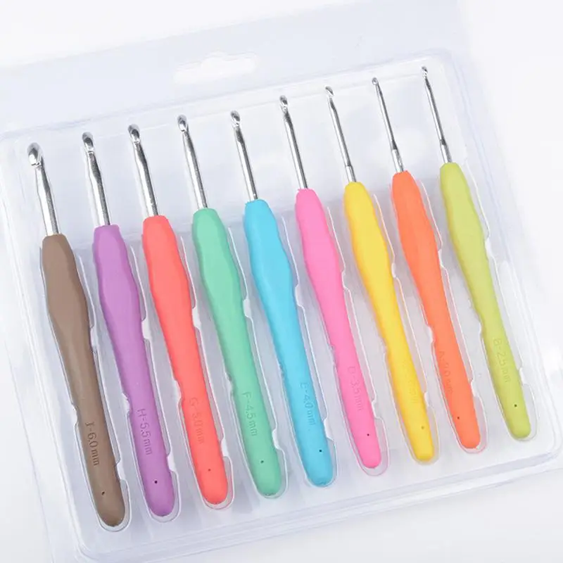 

None 9pcs Adult Candy Color Crochet Hook with Soft Handle DIY Knitting Hook Weaving Tool Kit Sewing Accessories