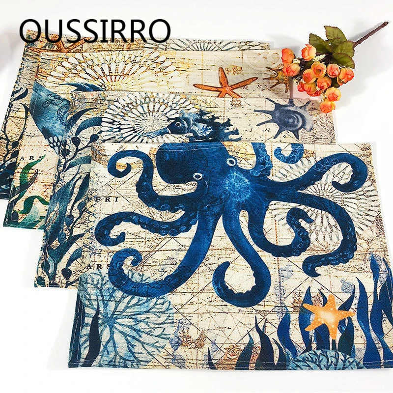 

Kitchen Table Mats Cotton Linen Table Napkin Marine Sea Turtle Octopus Pattern Decorative Placemats Cloth Pad Slip-Resistant Pad