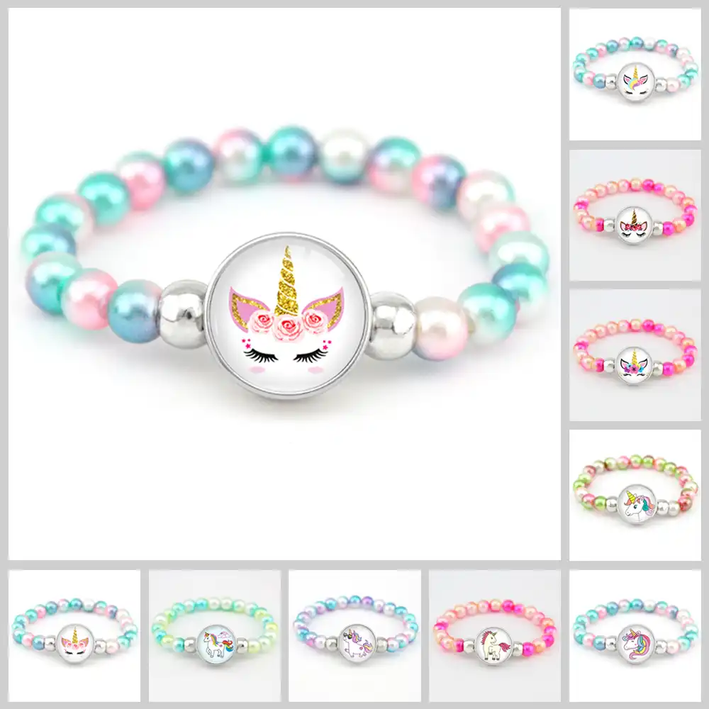 Единорог бусины Браслеты 18 мм застежка-держатель пуговицы полукруглый неограненный камень Фламинго Подвески модные браслеты для девочек и...