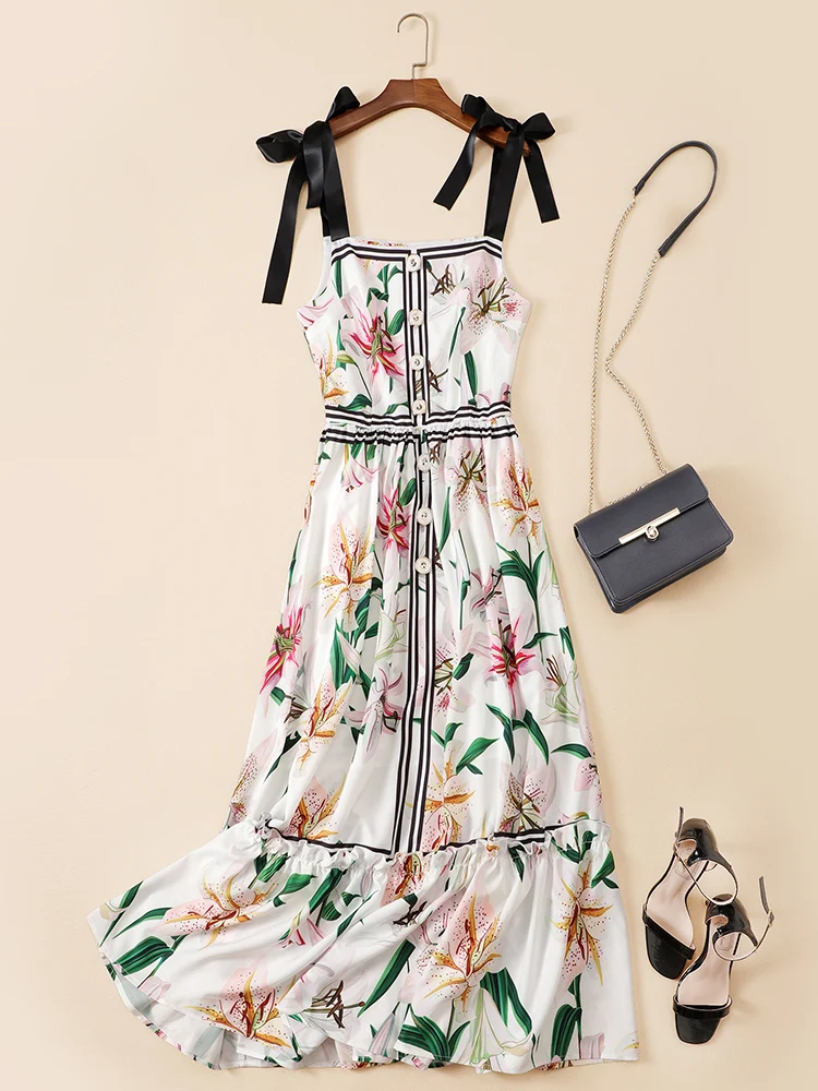 

Chic women's blackless dress 2019 summer runways floral print bowtie sliper dress A686
