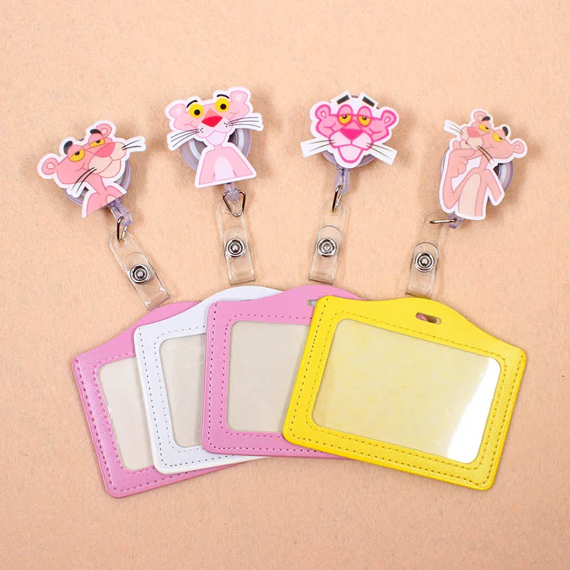 

New Pink Panther PU Card Case Holder Bank Credit Card Holders Card Bus ID Holders Identity Badge with Cartoon Retractable Reel