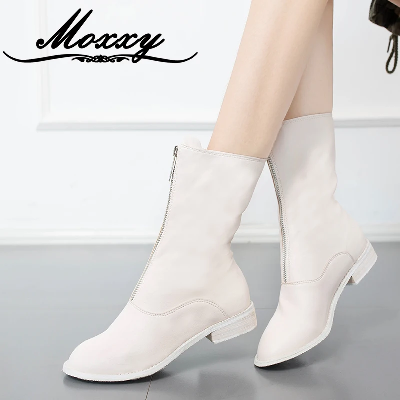 

Moxxy 2018 Winter Shoes Woman Leather Rubber Rain Boots Autumn Flats Ankle Boots Zip WaterProof Female Platform Motorcycle Boots