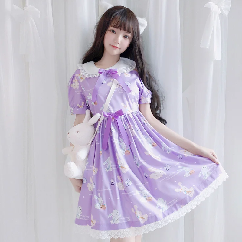 Летнее фиолетовое платье с кроликом в стиле Харадзюку для женщин; Kawaii Bunny; кружевное платье для девочек-подростков; для рождественской вечеринки; милое короткое платье-пачка принцессы